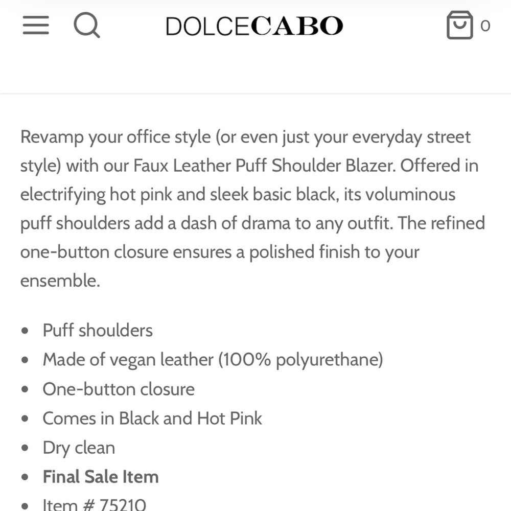 Dolce Cabo NWOT Black Faux Leather Puff Shoulder Blazer size small - Picture 4 of 5